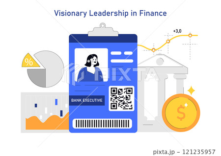 Women Leadership in Finance concept. Illustration of female bank executive with financial graphs, pie chart, and banking symbols. Leadership, finance, and equality themes. Vector illustration. Women Leadership in Finance concept. Illustration of female bank executive with financial graphs, pie chart, and banking symbols. Leadership, finance, and equality themes. Vector illustration. 121235957