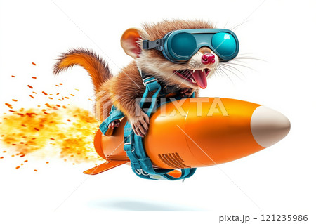 A ferret wearing goggles riding on top of a rocket 121235986