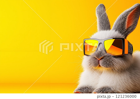 A rabbit wearing sunglasses on a yellow background A rabbit wearing sunglasses on a yellow background 121236000