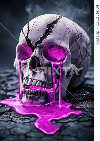 A skull with pink paint dripping down the sideのイラスト素材
