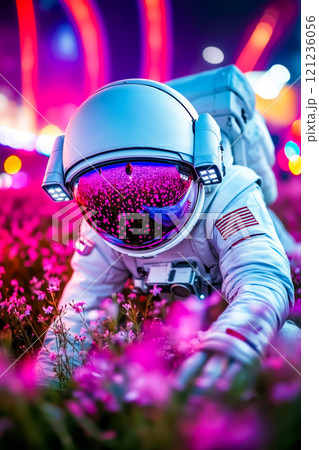 A man in a white space suit with a helmet and goggles in a field of flowers 121236056