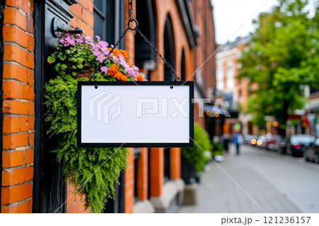 A blank sign hanging from the side of a brick building 121236157