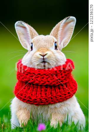 A small rabbit wearing a red scarf sitting in the grass 121236170