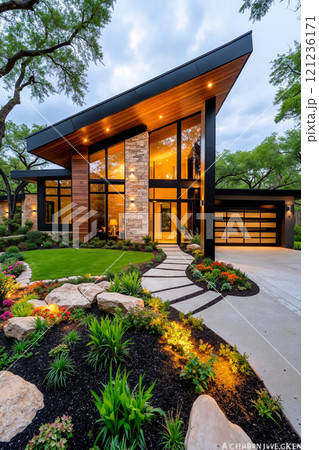 A modern house with a walkway leading to the front door 121236171