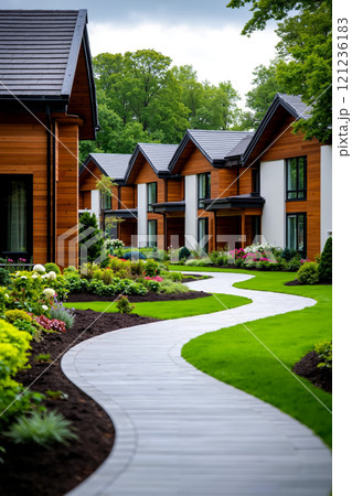 A walkway leads to a row of houses in a residential neighborhood 121236183