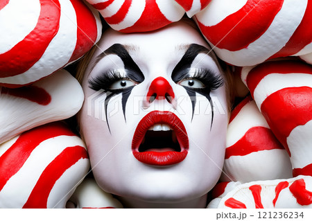 A woman with a clown face surrounded by candy canes A woman with a clown face surrounded by candy canes 121236234