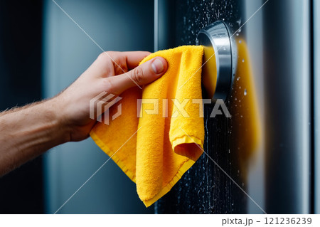 A person cleaning a door handle with a yellow microfiber cloth A person cleaning a door handle with a yellow microfiber cloth 121236239