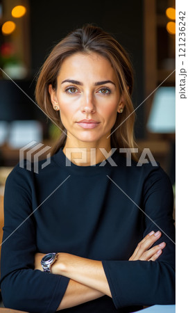 A woman sitting at a table with her arms crossed 121236242