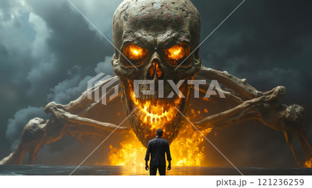 A man standing in front of a giant spider with glowing eyes 121236259