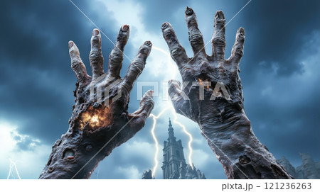 A pair of hands reaching out of the ground in front of a castle 121236263