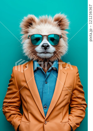A man in a suit and sunglasses with a panda bear mask on his head 121236367
