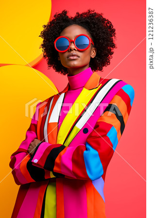A woman in a colorful jacket and sunglasses posing for a picture 121236387