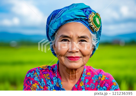 A woman in a colorful dress and a blue turban smiles at the camera 121236395