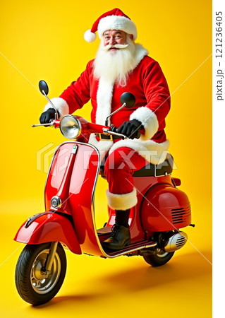 A man dressed as Santa Claus riding a red scooter 121236405