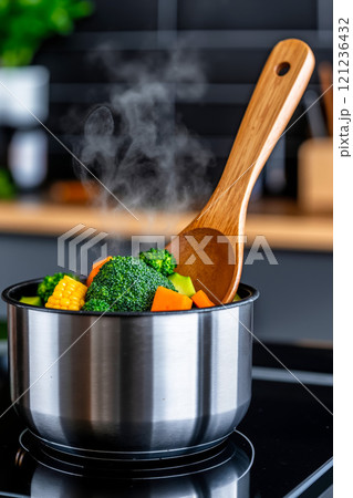 A pot of vegetables with a wooden spoon in it on a stove top 121236432