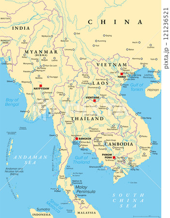 Northern part of Mainland Southeast Asia, transport political map. Countries Thailand, Vietnam, Myanmar, Laos, and Cambodia, with the most important waterways on rivers, and with the largest cities. Northern part of Mainland Southeast Asia, transport political map. Countries Thailand, Vietnam, Myanmar, Laos, and Cambodia, with the most important waterways on rivers, and with the largest cities. 121236521