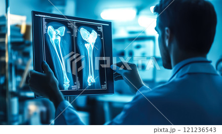 Doctor holding and examining a patient bone X-ray film before surgery. The concept of medical diagnosis, preparation, and precision in healthcare. Generative AI. 121236543