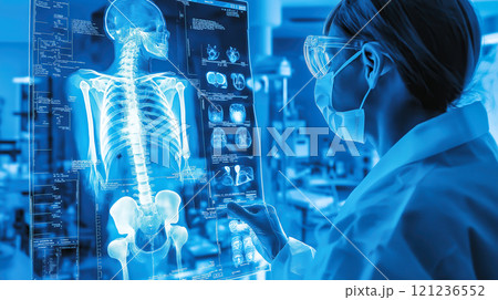 Doctor holding and examining a patient bone X-ray film before surgery. The concept of medical diagnosis, preparation, and precision in healthcare. Generative AI. 121236552