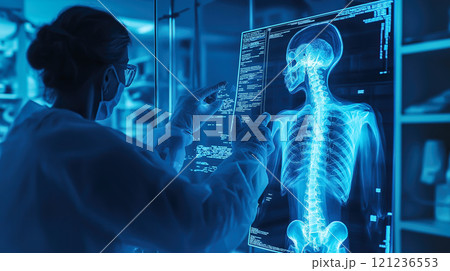 Doctor holding and examining a patient bone X-ray film before surgery. The concept of medical diagnosis, preparation, and precision in healthcare. Generative AI. 121236553