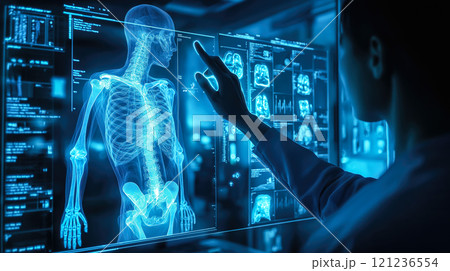 Doctor holding and examining a patient bone X-ray film before surgery. The concept of medical diagnosis, preparation, and precision in healthcare. Generative AI. 121236554
