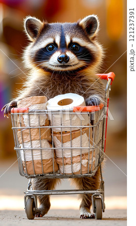 A raccoon is sitting in a shopping cart full of toilet paper 121237391