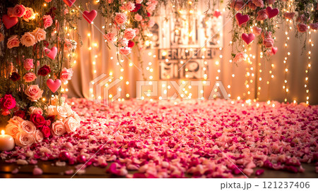 A room filled with lots of pink and red roses and hearts 121237406