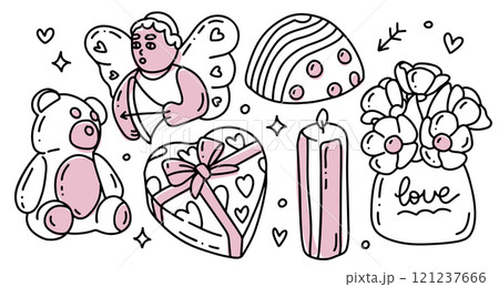Teddy bear and other elements in outline Doodle style of Valentine s day, Set of art line drawing - cupid, candle, bouquet, candies. Cartoon hand drawn Line art vector illustration. 121237666