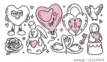 Valentine Day Hand Drawn Doodle elements Set. Love Holiday Cute Clipart for Valentines Day. Line Art Design Different Hearts, Presents, swans, dove, rose, bunny. Outline vector hand drawn illustration 121237671