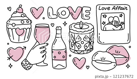 Cute hand drawn romantic doodle clipart, imperfect aesthetic of valentines day elements set. Linear vector illustration. 121237672