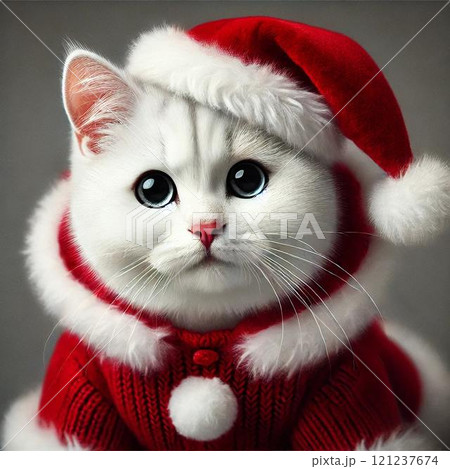 サンタクロースの衣装を着た可愛らしい白猫 121237674