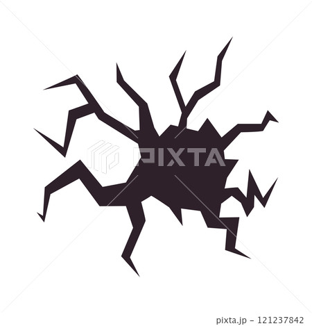 A hole in the ground surrounded by cracks, representing a damaged surface. The broken floor shows textured damage with visible fractures. A hole in the ground surrounded by cracks, representing a damaged surface. The broken floor shows textured damage with visible fractures. 121237842