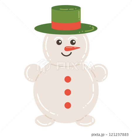 Cute cartoon cheerful snowman with green hat in flat style. Happy winter holidays design element. 121237883
