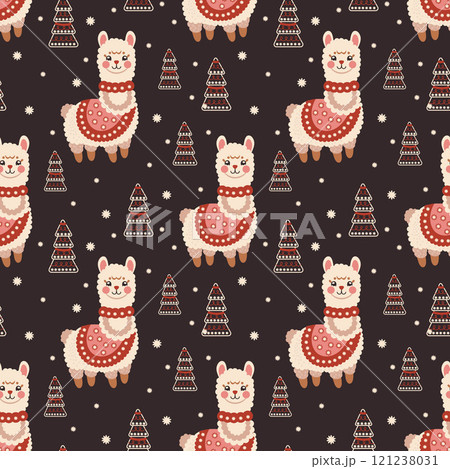 alpacas christmas on the background of fir trees seamless pattern alpacas christmas on the background of fir trees seamless pattern 121238031