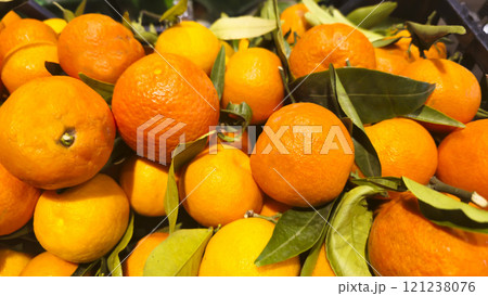 Tangerines in a box on a store counter. Green leaves nearby Tangerines in a box on a store counter. Green leaves nearby 121238076