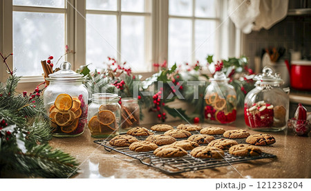 Family gathered and baking holiday cookies. Christmas spirit. 121238204
