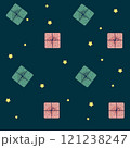 seamless pattern  with gifts and  golden  stars on a emerald color  background  121238247