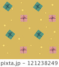 seamless pattern  with gifts and  golden  stars on a yellow  background for textile,fabric,packing 121238249