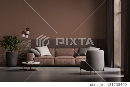 Luxury living room in warm Mocha mousse 2025 color trend. Brown walls, leather lounge furniture. Luxury living room in warm Mocha mousse 2025 color trend. Brown walls, leather lounge furniture. 121238400