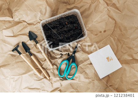 Kraft paper background, fertile soil and garden tools on top, top view. Planting seedlings in spring 121238401
