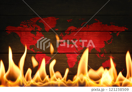 Red painted world map in fire flames Red painted world map in fire flames 121238509