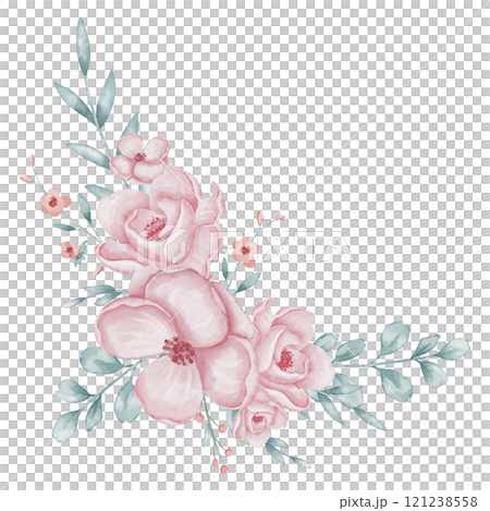 Watercolor Floral corner frame with pink Roses, green leaves, and delicate branches. illustration with Flowers for wedding invitations or baby shower cards. Soft pastel blooming bouquet for template. 121238558