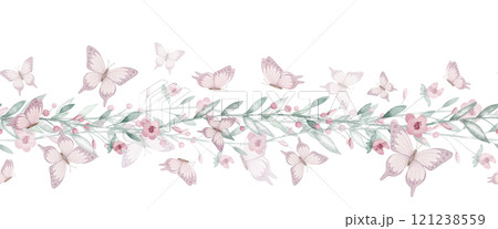 Watercolor Butterfly and Floral seamless Border in pastel pink and green tones. Illustration of pattern with flowers for childish greeting cards or baby invitations. Background for nursery wall art. 121238559