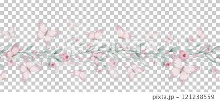 Watercolor Butterfly and Floral seamless Border in pastel pink and green tones. Illustration of pattern with flowers for childish greeting cards or baby invitations. Background for nursery wall art. 121238559