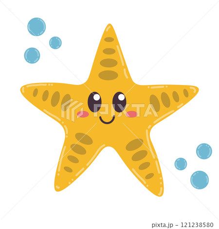 Cute cartoon happy sea star in flat style. Funny wild ocean animal isolated on white background. Cute cartoon happy sea star in flat style. Funny wild ocean animal isolated on white background. 121238580