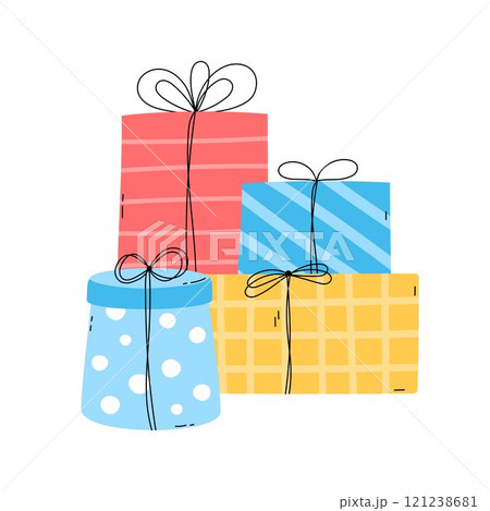 Gift boxes pile. Cute presents stack flat vector illustration. Wrapped gifts for birthday, Christmas, New Year or other holiday, celebration, event 121238681