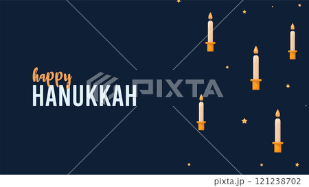 Happy Hanukkah Jewish Holiday Social Media Post Template.Hanukkah on blue horizontal background with holiday candles and stars.Design for Jewish Festival of light. Place for your text. 121238702