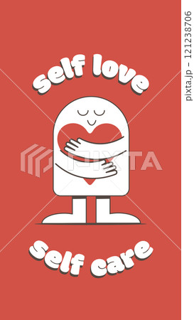 Valentine's Day greeting card with heart.Holiday bright greeting card, love creative concept, gift voucher, invitation. Love yourself, self care, self acceptance concept.Place for text. 121238706