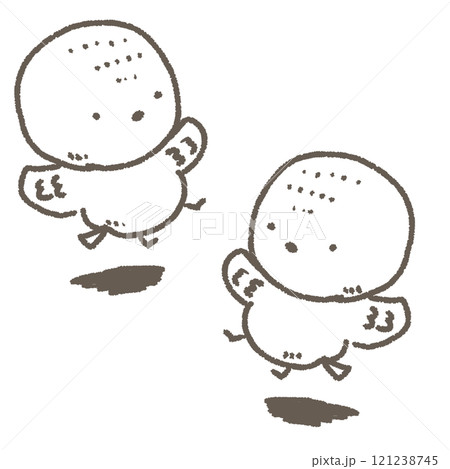 仲良く遊ぶ2羽のかわいいすずめのデフォルメ線画イラスト 121238745