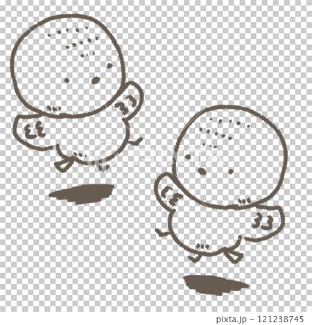 仲良く遊ぶ2羽のかわいいすずめのデフォルメ線画イラスト 121238745