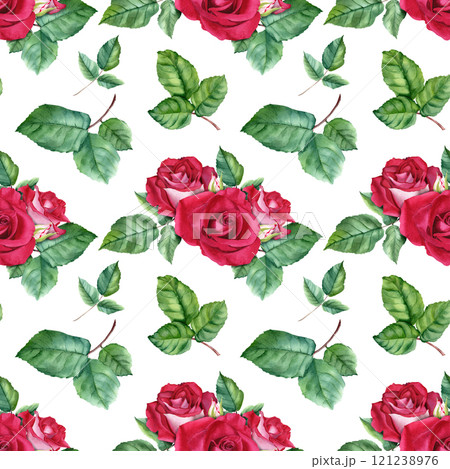Repeat, seamless pattern with red rose flower blooms and buds. Botanical hand drawn watercolor illustration isolated on white background. For wrapping wallpaper fabric textile Repeat, seamless pattern with red rose flower blooms and buds. Botanical hand drawn watercolor illustration isolated on white background. For wrapping wallpaper fabric textile 121238976